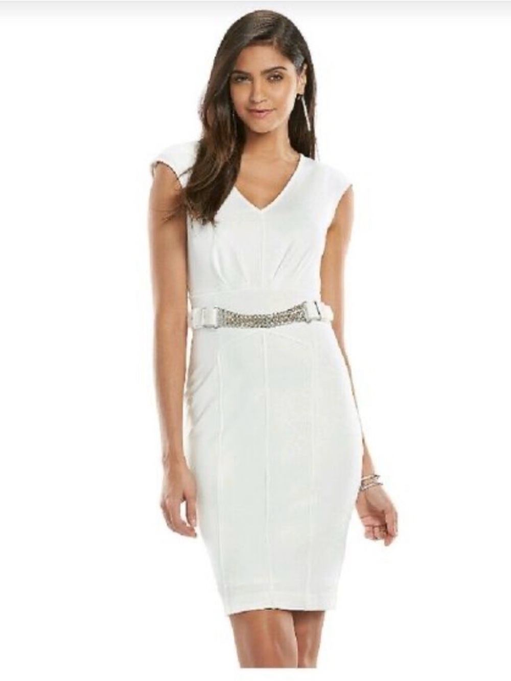 Jennifer Lopez White V-Neck Midi Dress with Jeweled Belt